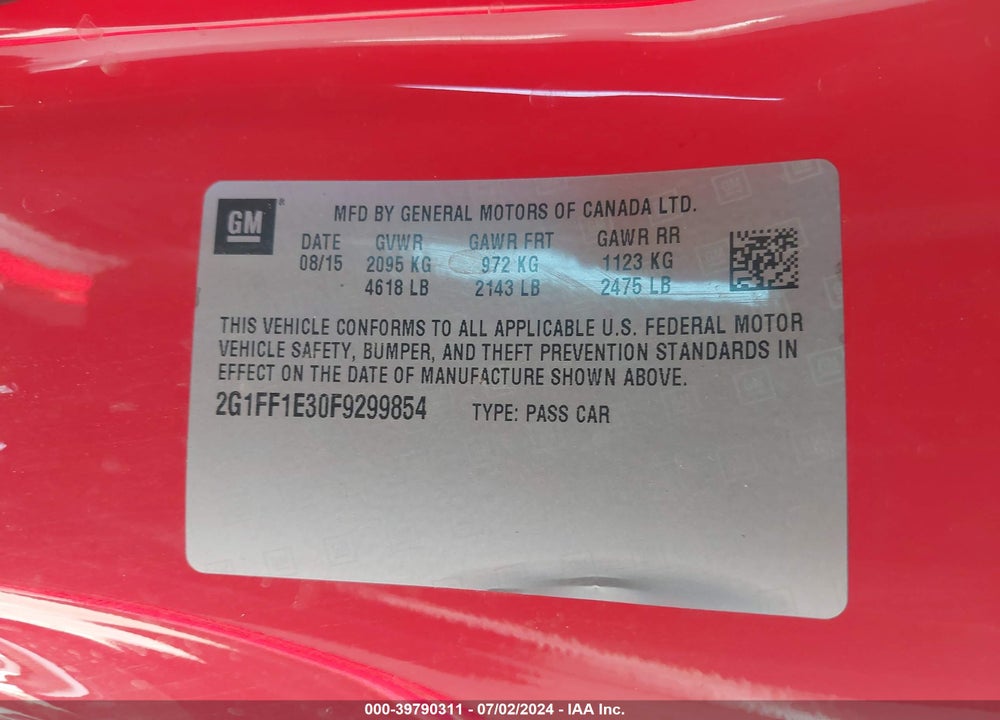 2015 CHEVROLET CAMARO VIN: 2G1FF1E30F9299854