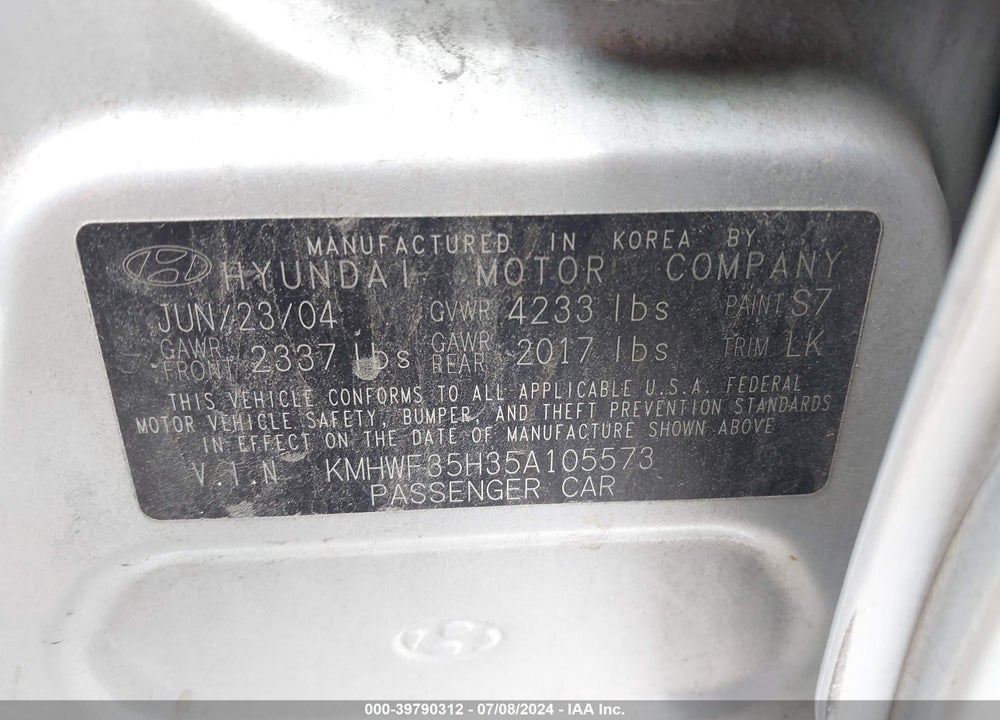 2005 HYUNDAI SONATA GLS/LX VIN: KMHWF35H35A105573