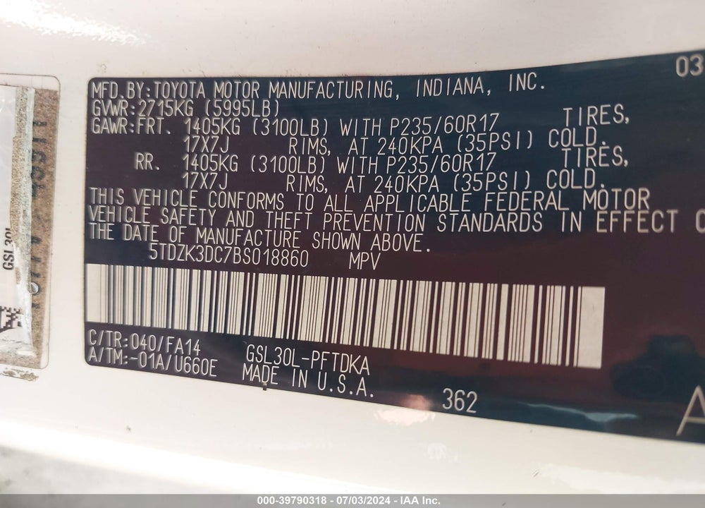 2011 TOYOTA SIENNA BASE V6 VIN: 5TDZK3DC7BS018860