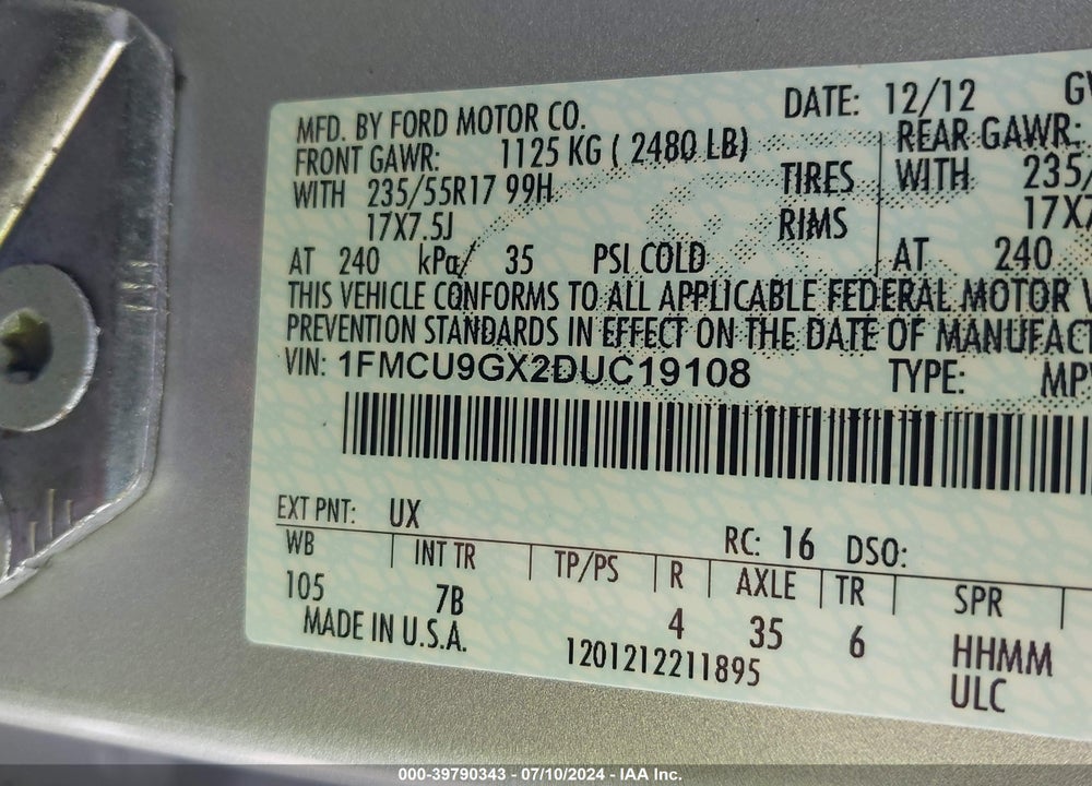 2013 FORD ESCAPE SE VIN: 1FMCU9GX2DUC19108