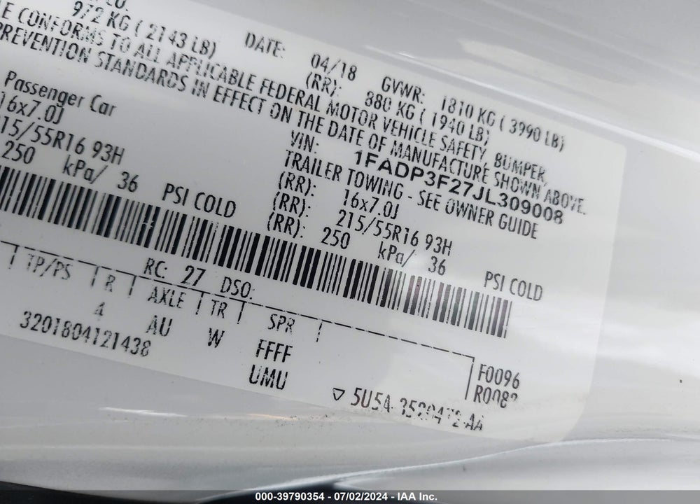 2018 FORD FOCUS SE VIN: 1FADP3F27JL309008