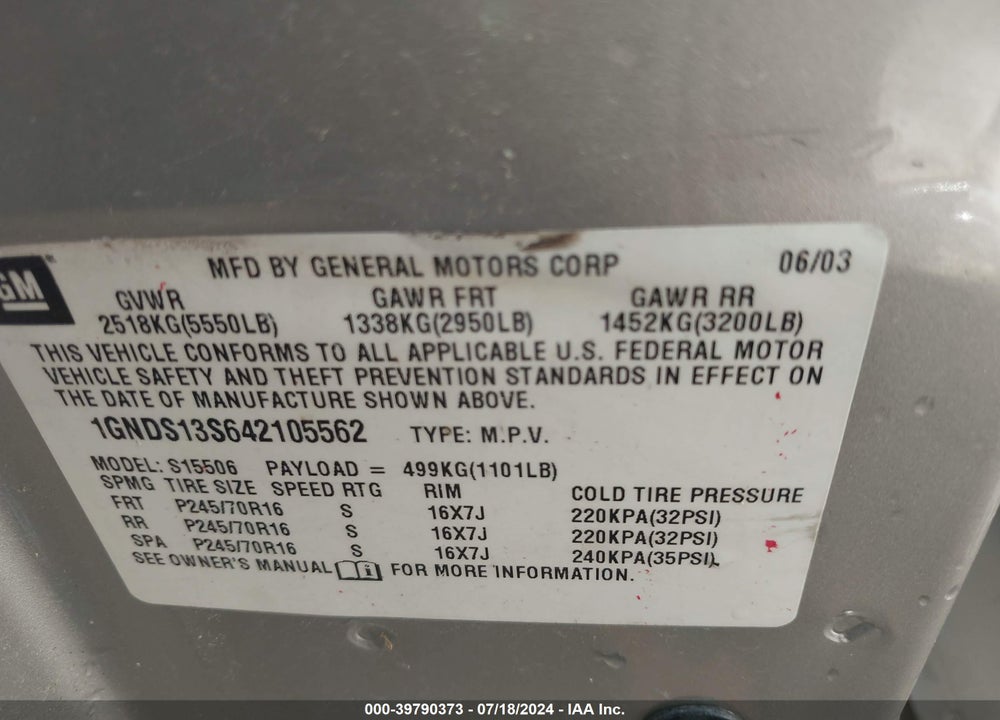2004 CHEVROLET TRAILBLAZER LS VIN: 1GNDS13S642105562