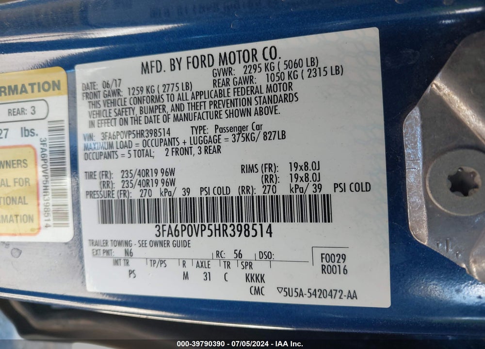 2017 FORD FUSION SPORT VIN: 3FA6P0VP5HR398514
