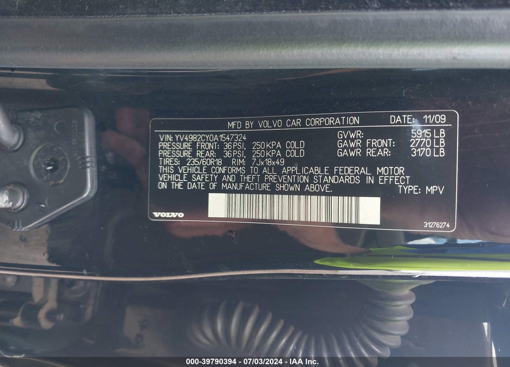 2010 VOLVO XC90 3.2 VIN: YV4982CY0A1547324