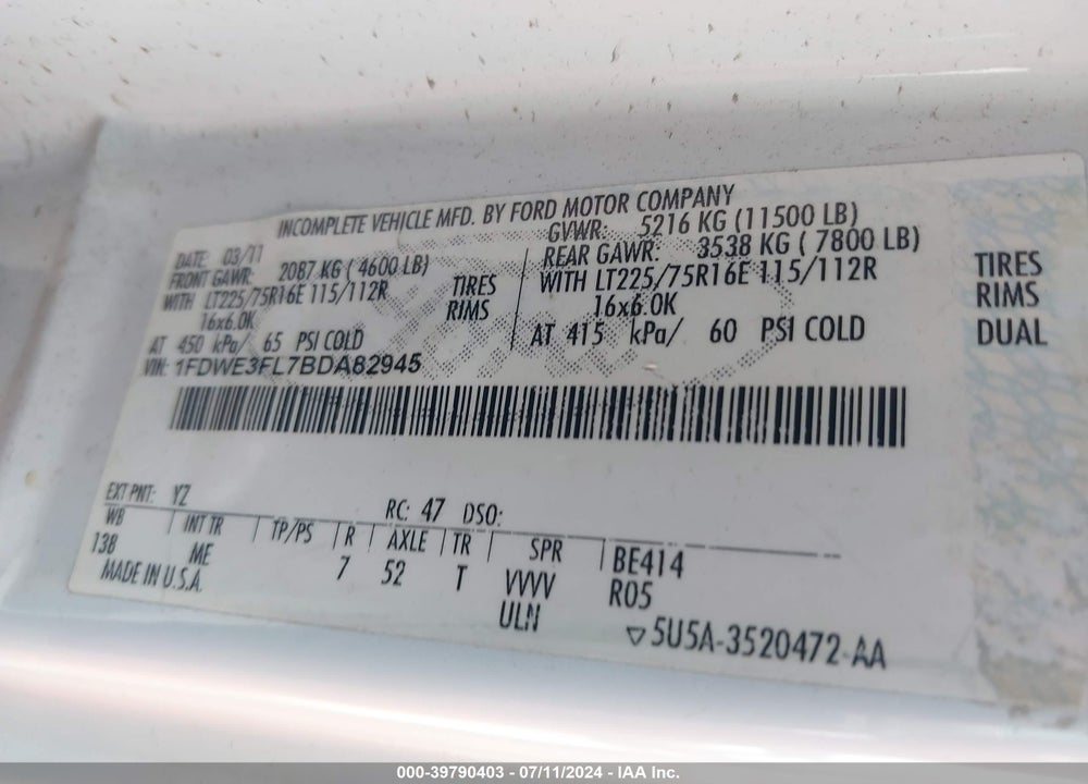 2011 FORD E-350 CUTAWAY VIN: 1FDWE3FL7BDA82945