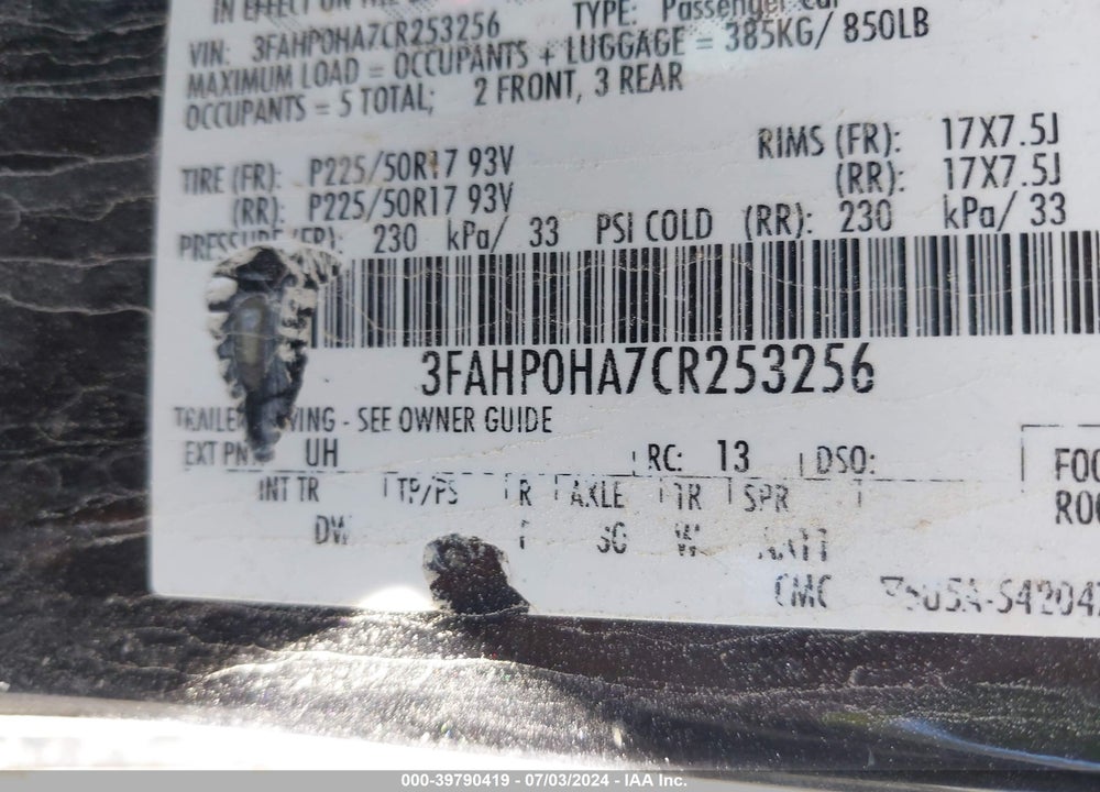 2012 FORD FUSION SE VIN: 3FAHP0HA7CR253256