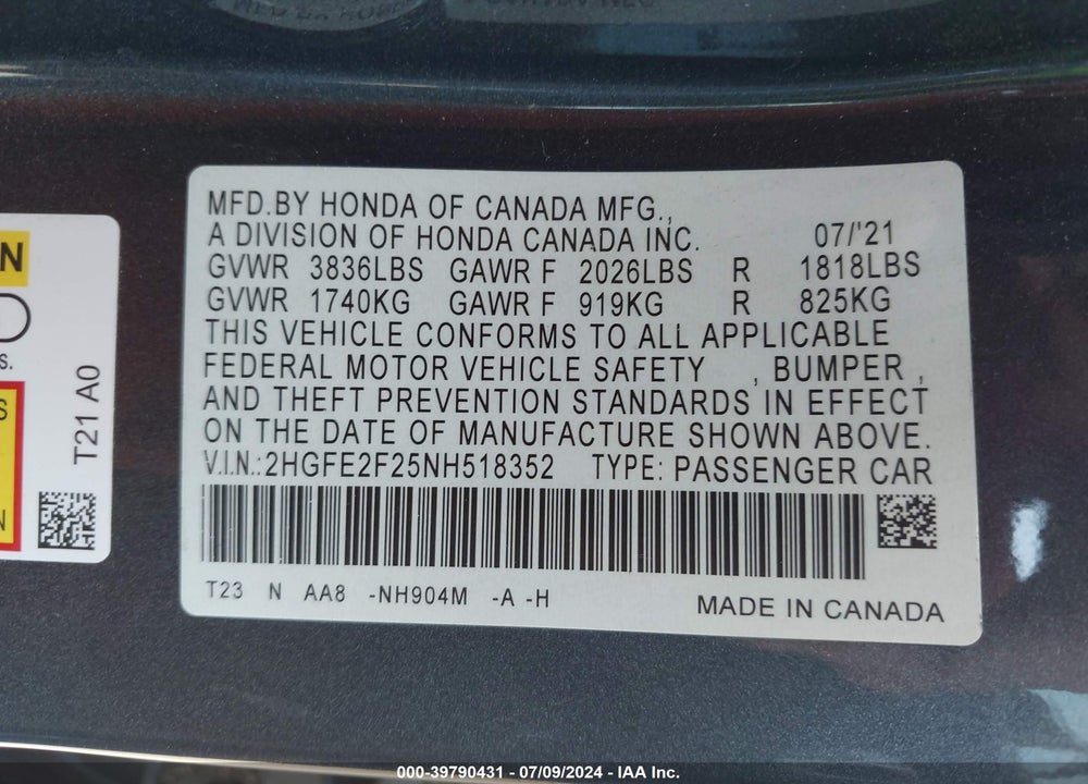 2022 HONDA CIVIC LX VIN: 2HGFE2F25NH518352