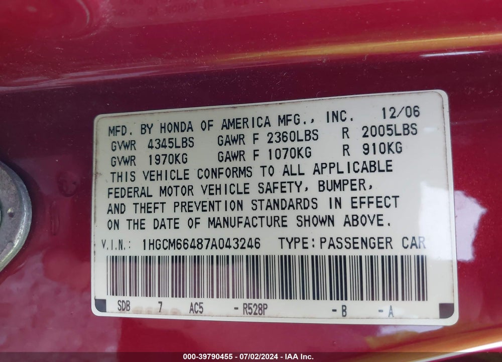 2007 HONDA ACCORD 3.0 SE VIN: 1HGCM66487A043246