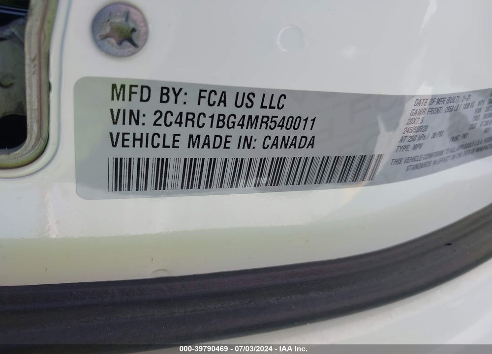 2021 CHRYSLER PACIFICA TOURING L VIN: 2C4RC1BG4MR540011