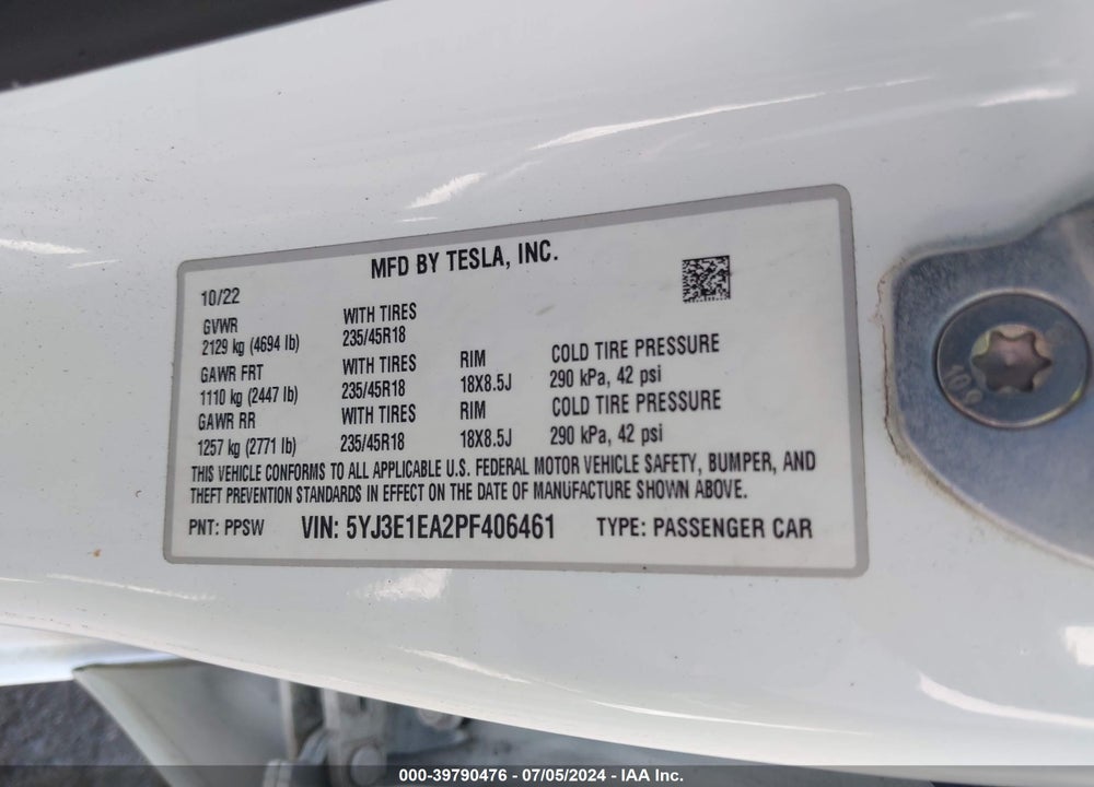 2023 TESLA MODEL 3 REAR-WHEEL DRIVE VIN: 5YJ3E1EA2PF406461