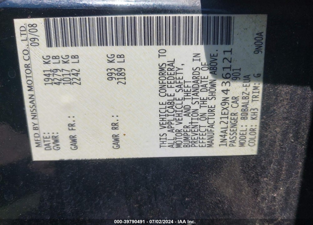 2009 NISSAN ALTIMA 2.5 S VIN: 1N4AL21EX9N436121