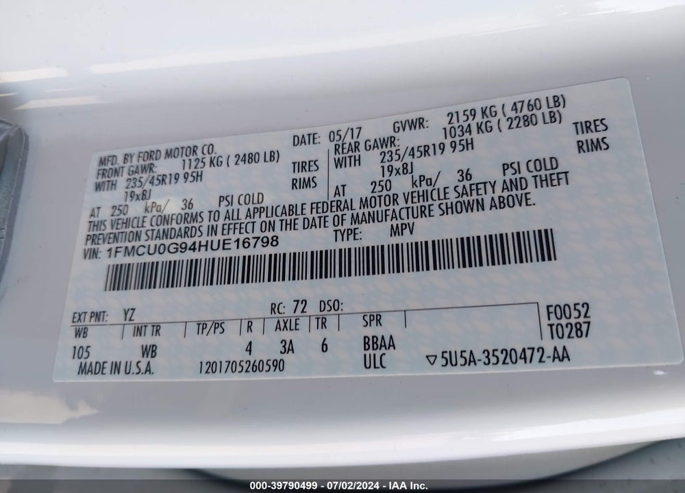 2017 FORD ESCAPE SE VIN: 1FMCU0G94HUE16798