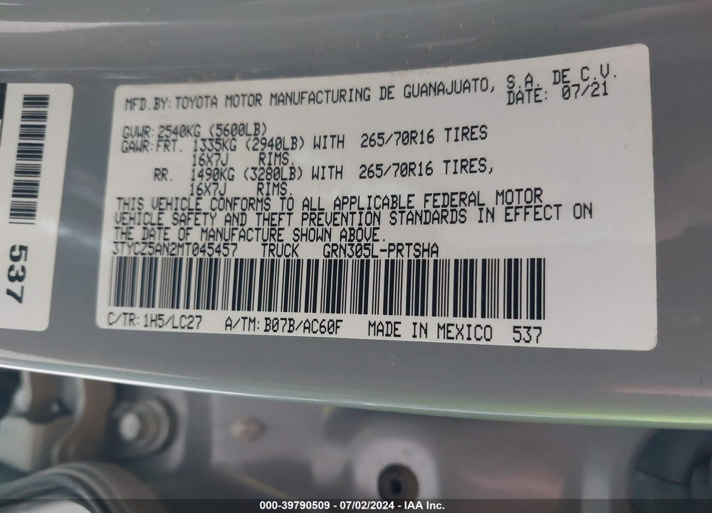 2021 TOYOTA TACOMA TRD OFF ROAD VIN: 3TYCZ5AN2MT045457
