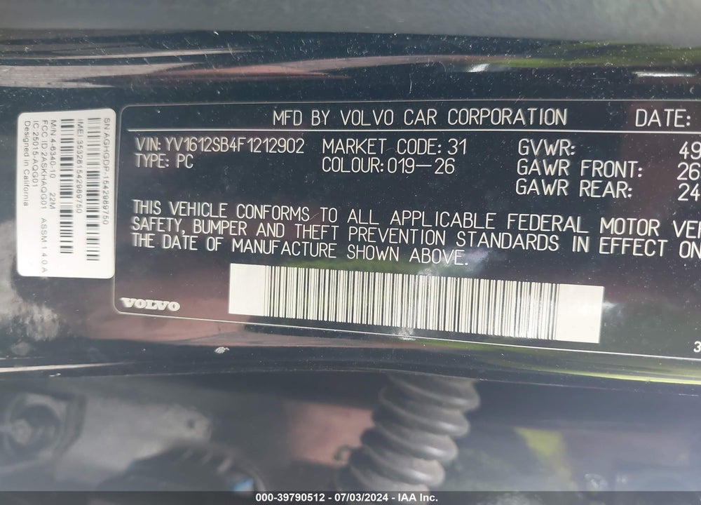 2015 VOLVO V60 T5 PREMIER VIN: YV1612SB4F1212902