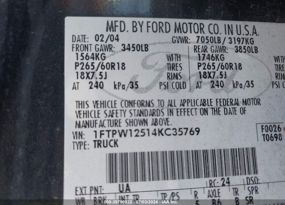 2004 FORD F-150 LARIAT/XLT VIN: 1FTPW12514KC35769