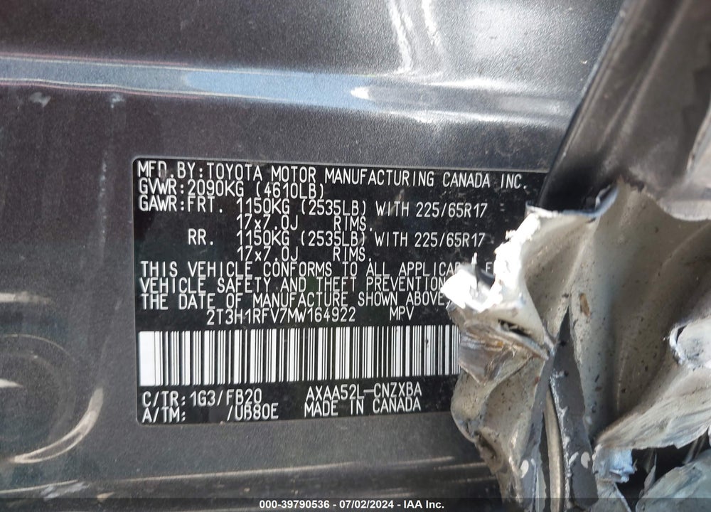 2021 TOYOTA RAV4 LE VIN: 2T3H1RFV7MW164922