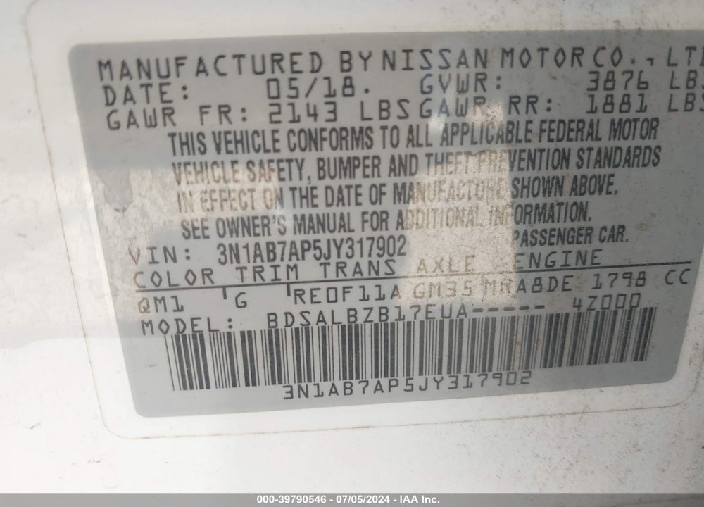 2018 NISSAN SENTRA S VIN: 3N1AB7AP5JY317902