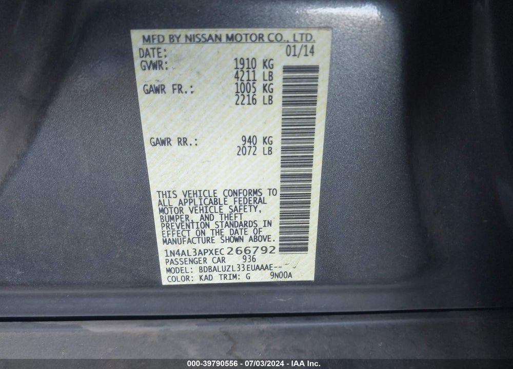 2014 NISSAN ALTIMA 2.5 SV VIN: 1N4AL3APXEC266792