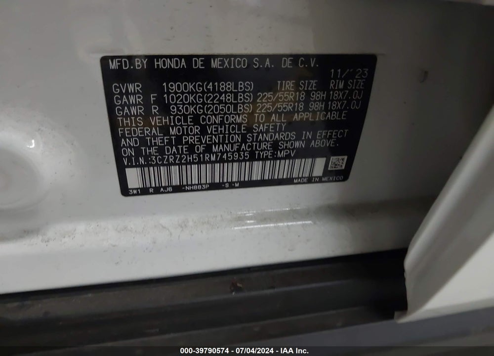 2024 HONDA HR-V VIN: 3CZRZ2H51RM745935