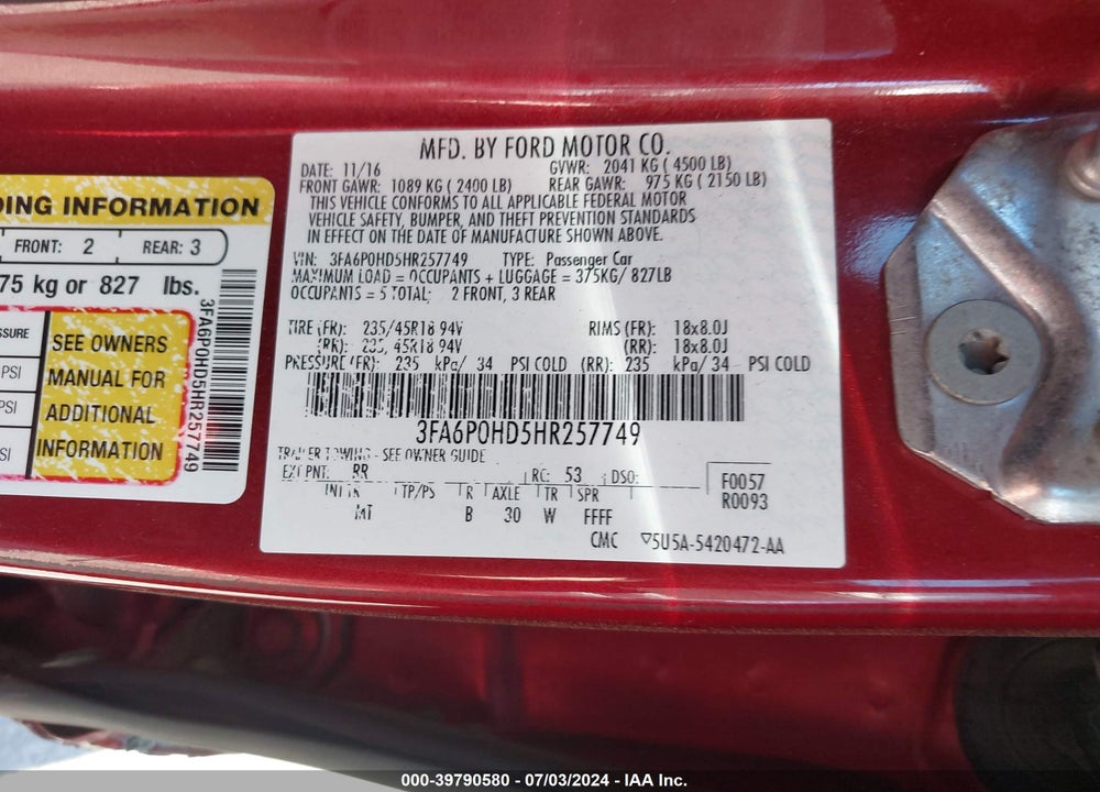 2017 FORD FUSION SE VIN: 3FA6P0HD5HR257749