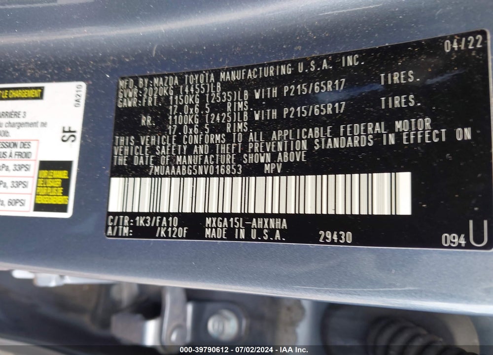 2022 TOYOTA COROLLA CROSS L VIN: 7MUAAABG5NV016853