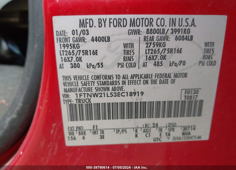 2003 FORD F-250 VIN: 1FTNW21L53EC18919