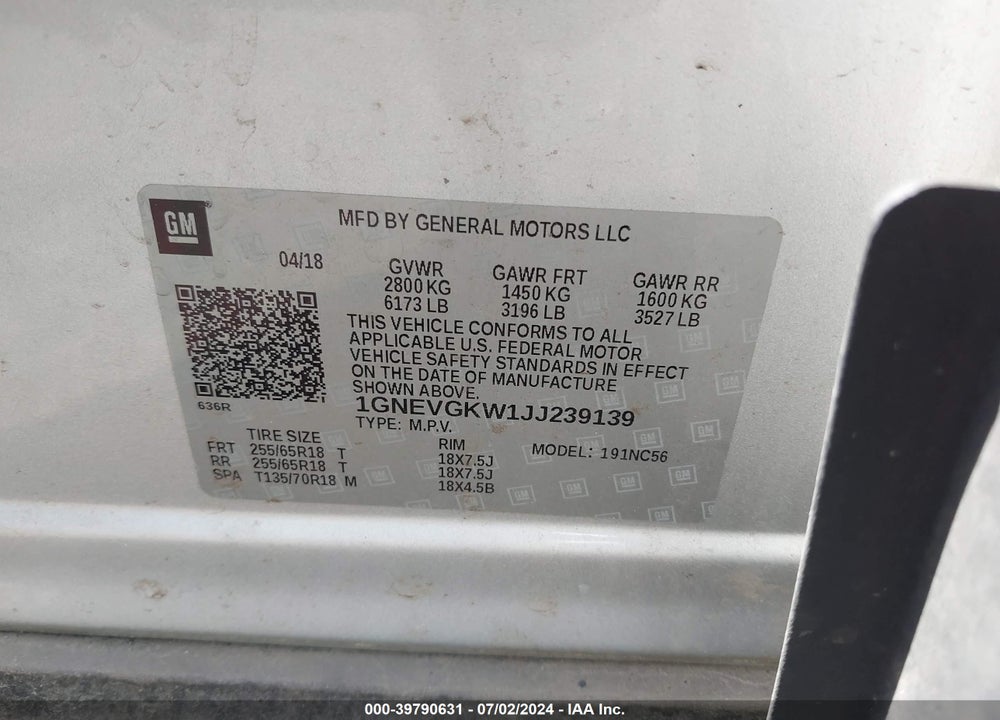 2018 CHEVROLET TRAVERSE 1LT VIN: 1GNEVGKW1JJ239139