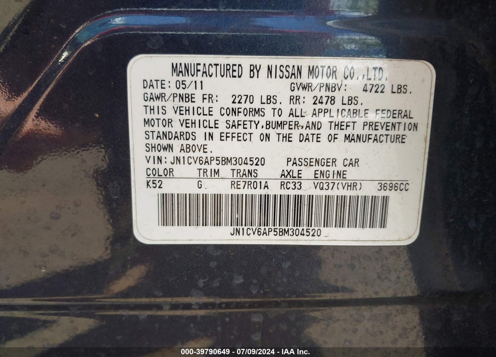 2011 INFINITI G37 JOURNEY VIN: JN1CV6AP5BM304520