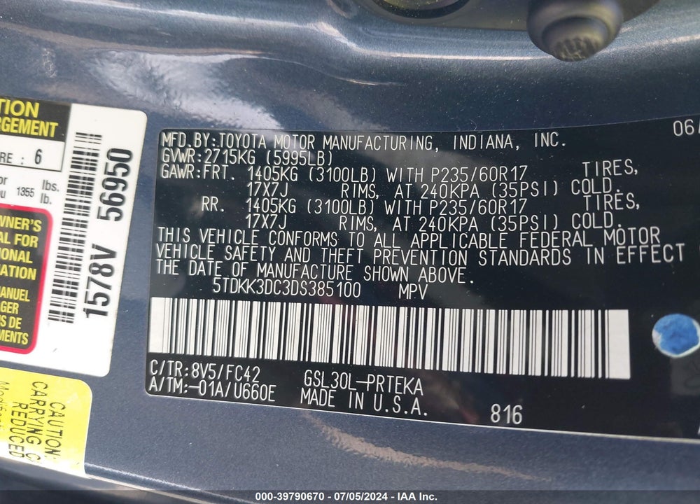 2013 TOYOTA SIENNA LE V6 8 PASSENGER VIN: 5TDKK3DC3DS385100