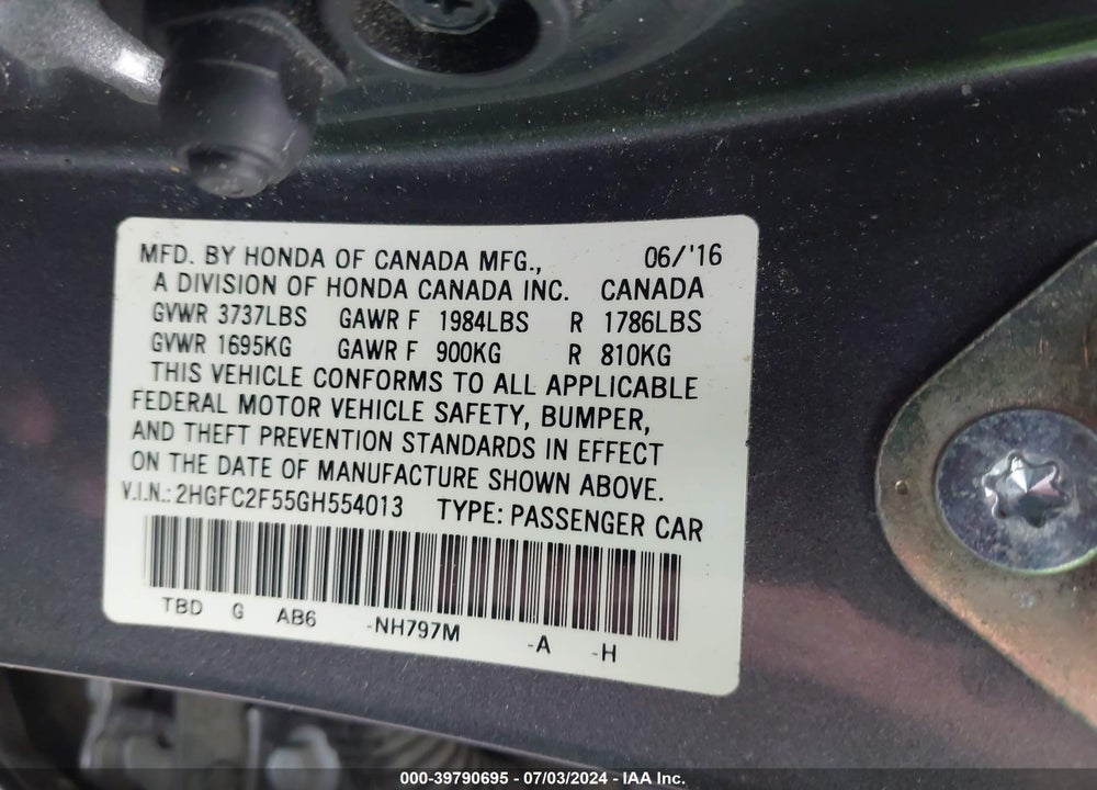2016 HONDA CIVIC LX VIN: 2HGFC2F55GH554013