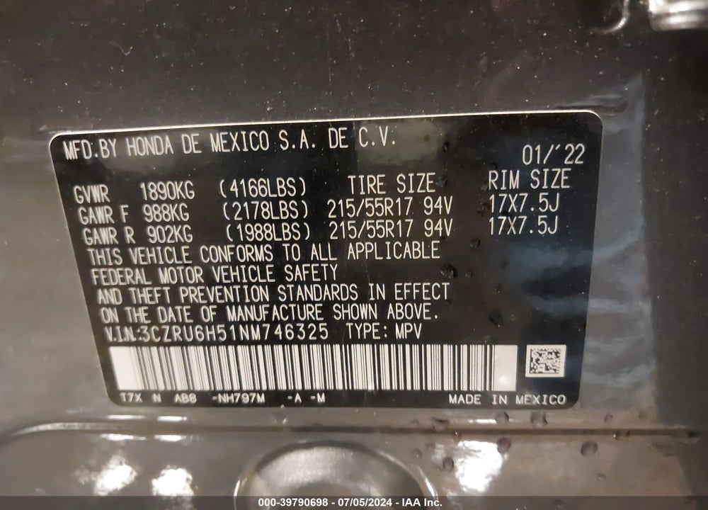2022 HONDA HR-V AWD EX VIN: 3CZRU6H51NM746325