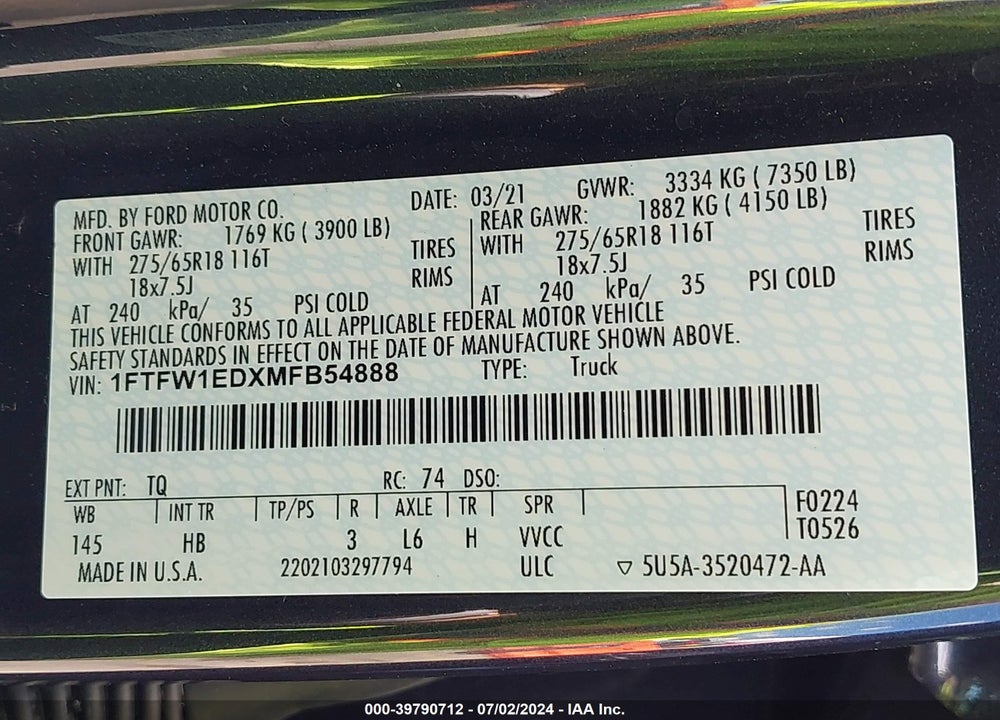 2021 FORD F-150 LARIAT VIN: 1FTFW1EDXMFB54888