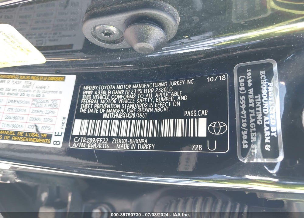 2019 TOYOTA C-HR XLE VIN: NMTKHMBX4KR074961