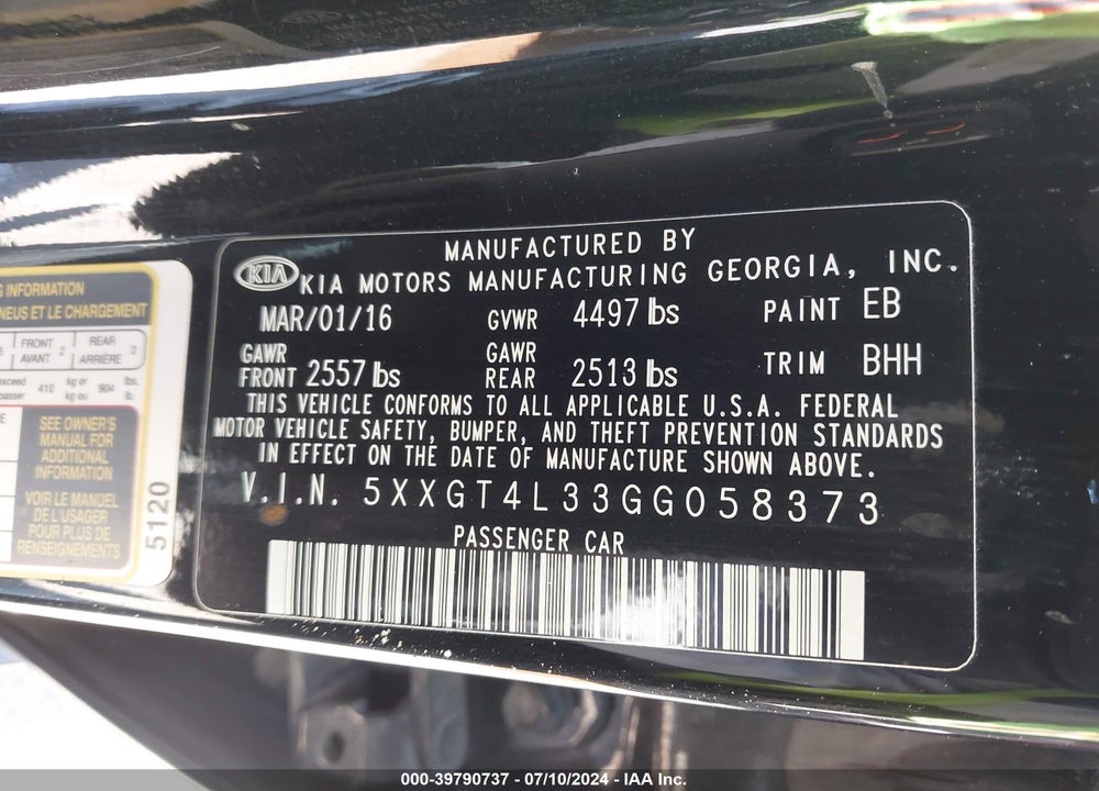 2016 KIA OPTIMA LX VIN: 5XXGT4L33GG058373