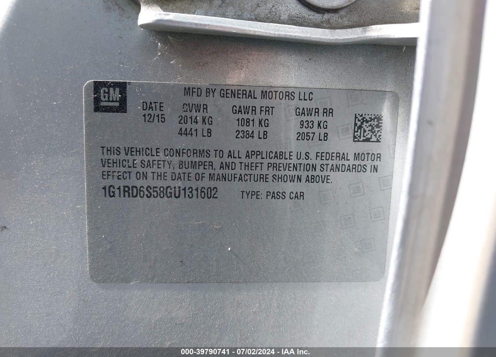 2016 CHEVROLET VOLT PREMIER VIN: 1G1RD6S58GU131602