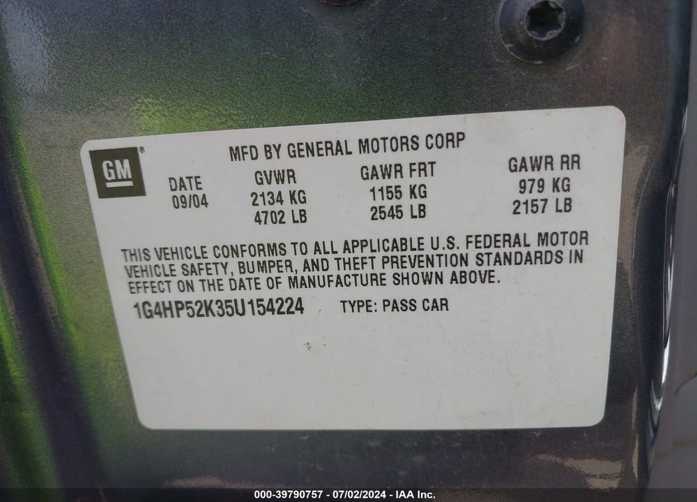 2005 BUICK LESABRE CUSTOM VIN: 1G4HP52K35U154224