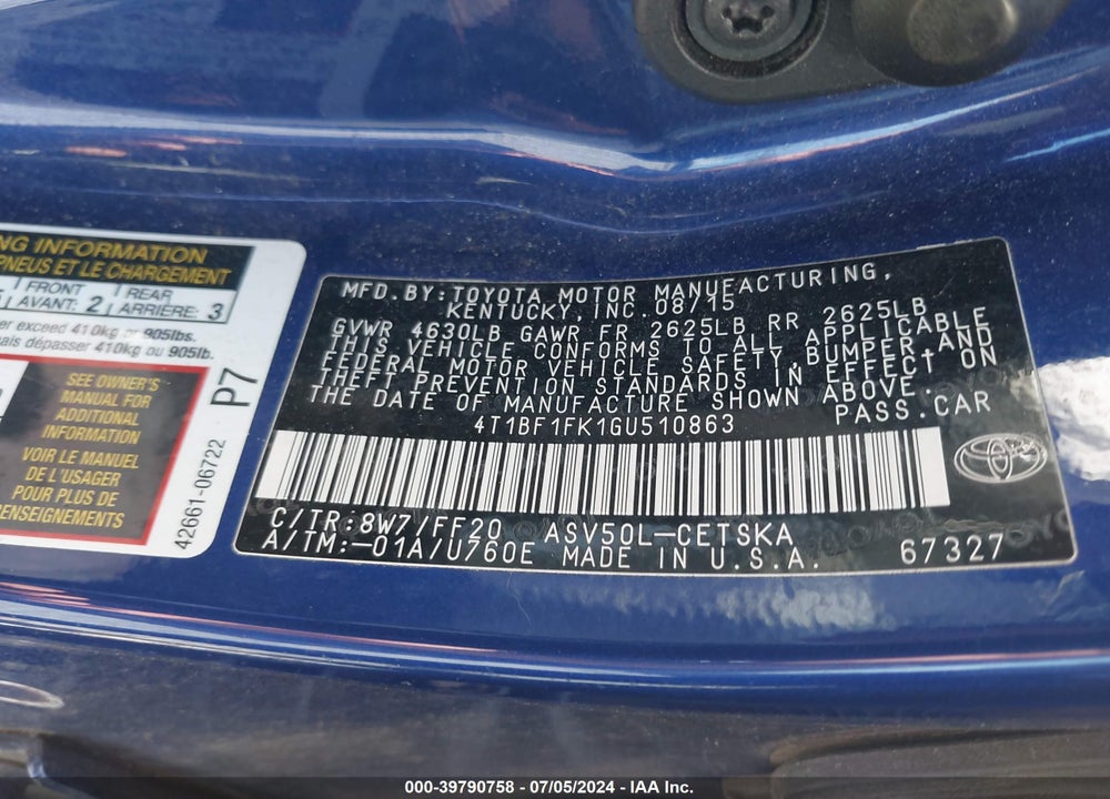 2016 TOYOTA CAMRY SE VIN: 4T1BF1FK1GU510863