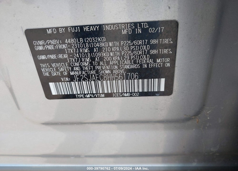 2017 SUBARU FORESTER PREMIUM VIN: JF2SJAEC8HH561706
