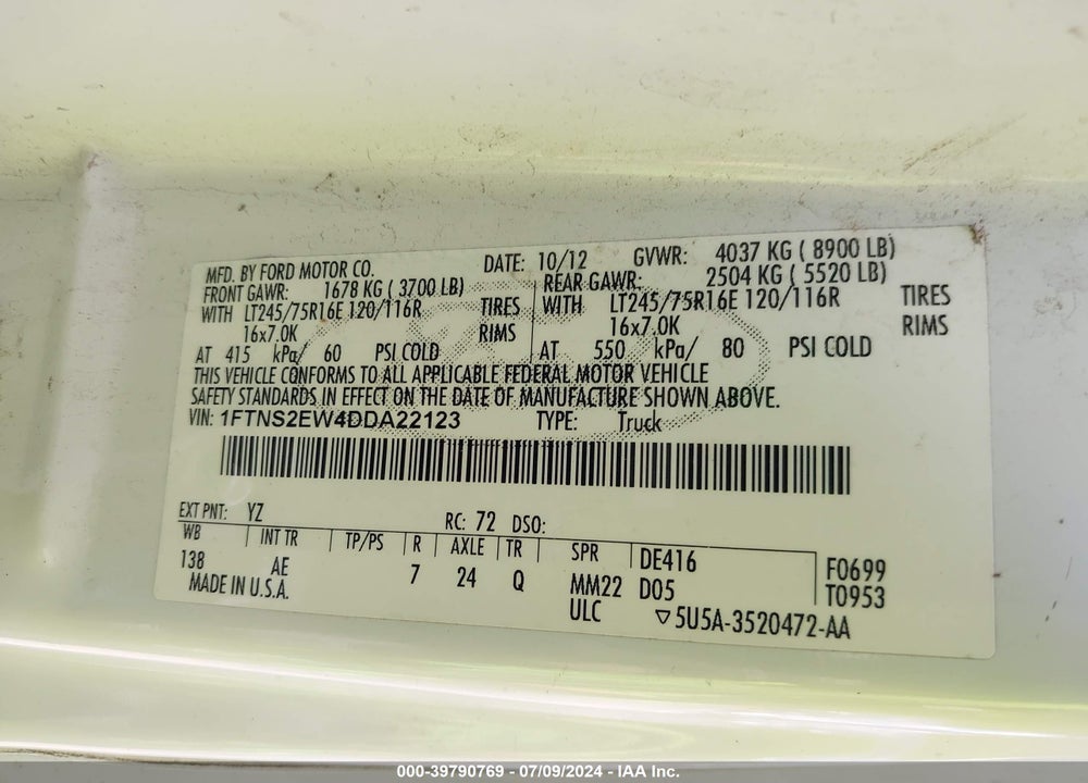 2013 FORD E-250 VIN: 1FTNS2EW4DDA22123