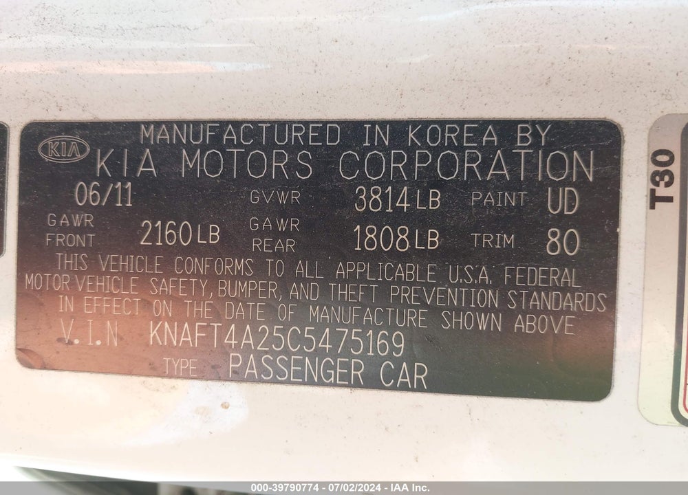 2012 KIA FORTE LX VIN: KNAFT4A25C5475169