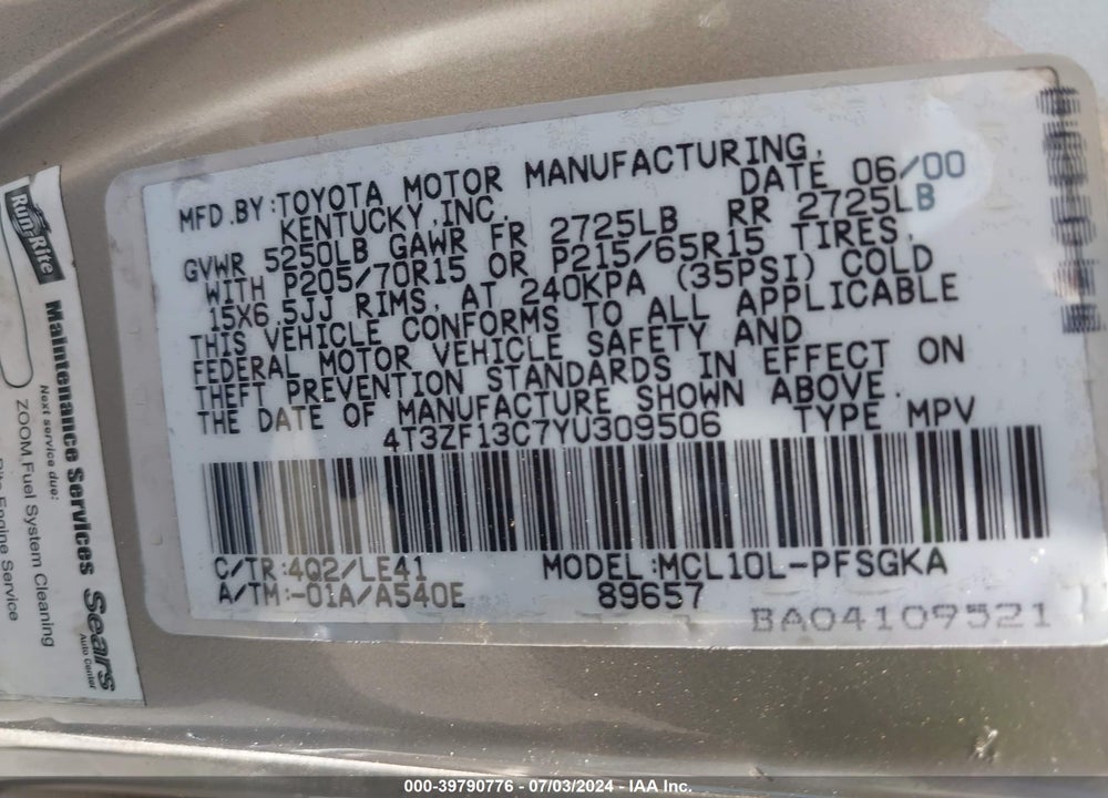 2000 TOYOTA SIENNA XLE VIN: 4T3ZF13C7YU309506
