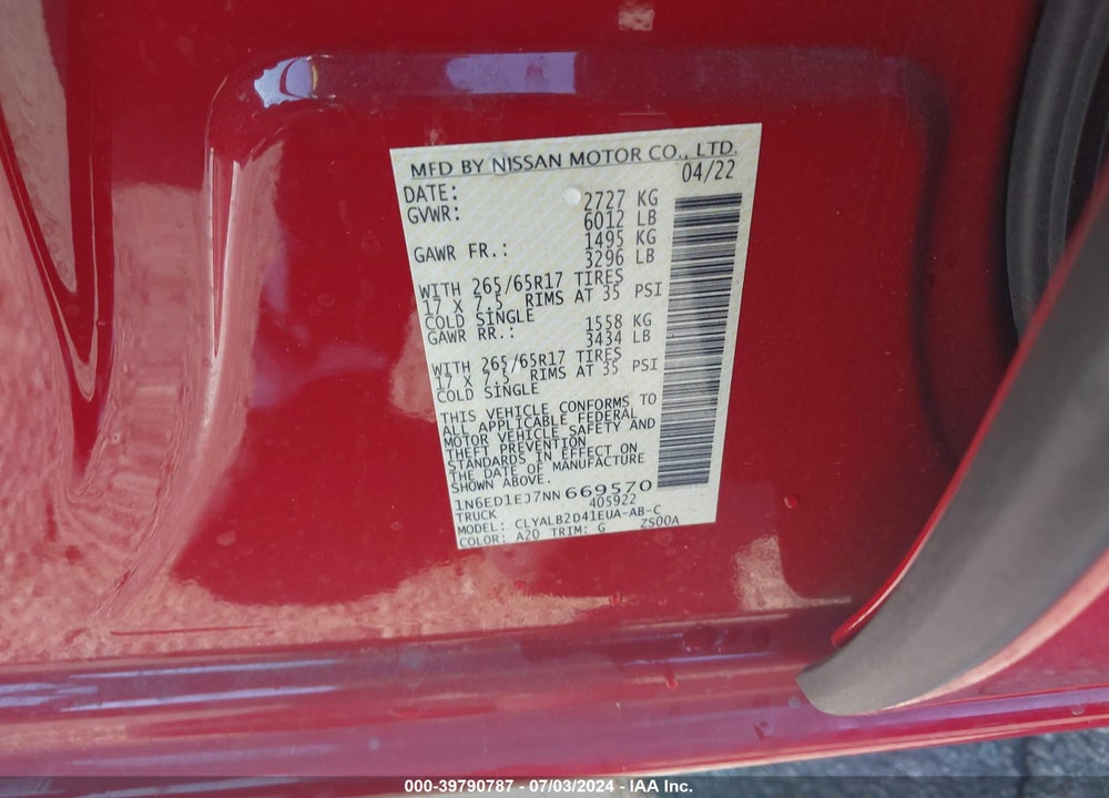 2022 NISSAN FRONTIER SV 4X2 VIN: 1N6ED1EJ7NN669570