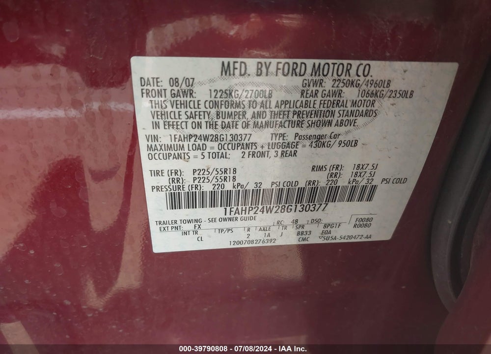 2008 FORD TAURUS SEL VIN: 1FAHP24W28G130377