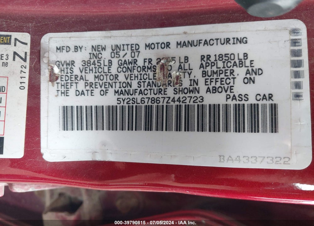 2007 PONTIAC VIBE VIN: 5Y2SL67867Z442723