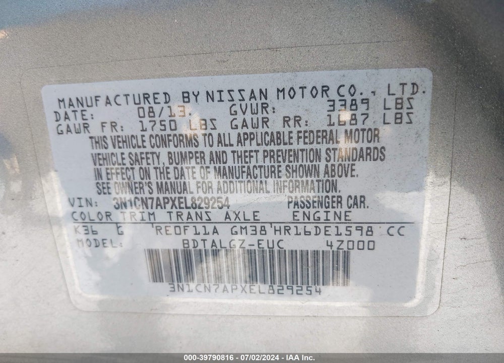 2014 NISSAN VERSA 1.6 SL VIN: 3N1CN7APXEL829254