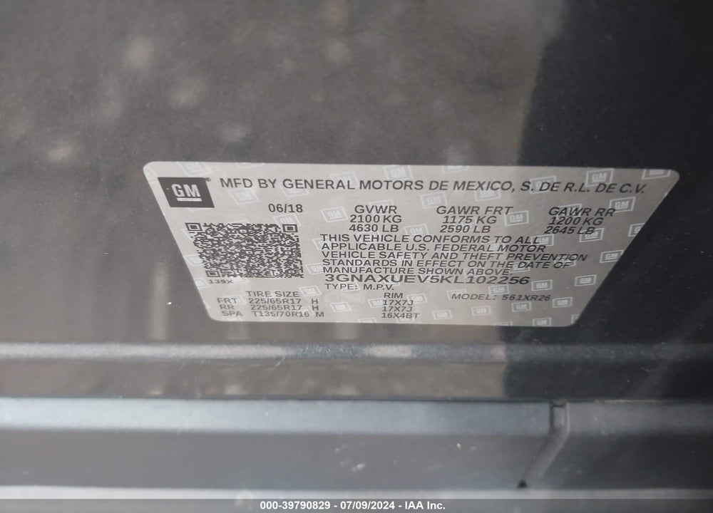 2019 CHEVROLET EQUINOX LT VIN: 3GNAXUEV5KL102256