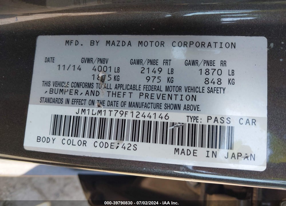 2015 MAZDA 3 I SV VIN: JM1BM1T79F1244146