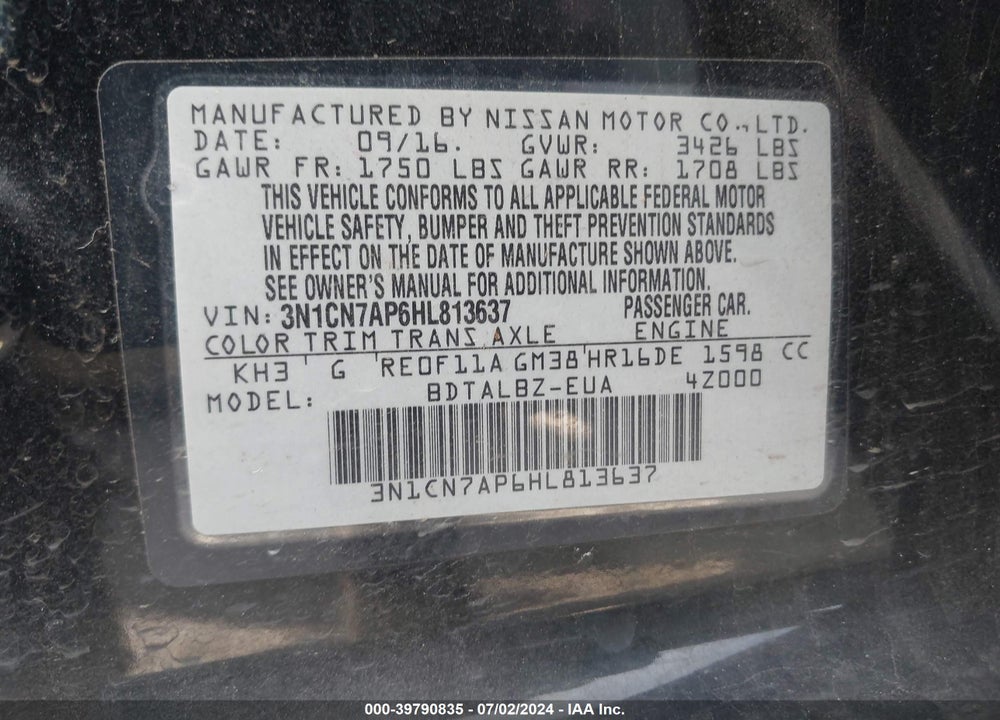 2017 NISSAN VERSA 1.6 S/1.6 S+/1.6 SL/1.6 SV VIN: 3N1CN7AP6HL813637