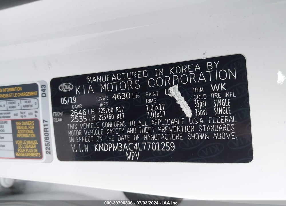 2020 KIA SPORTAGE LX VIN: KNDPM3AC4L7701259