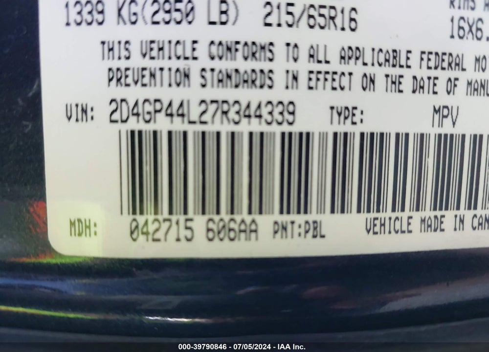 2007 DODGE GRAND CARAVAN SXT VIN: 2D4GP44L27R344339